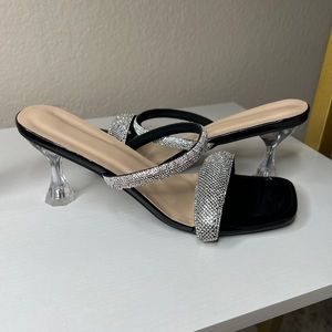 Black Kitten Heel Sparkly Mules